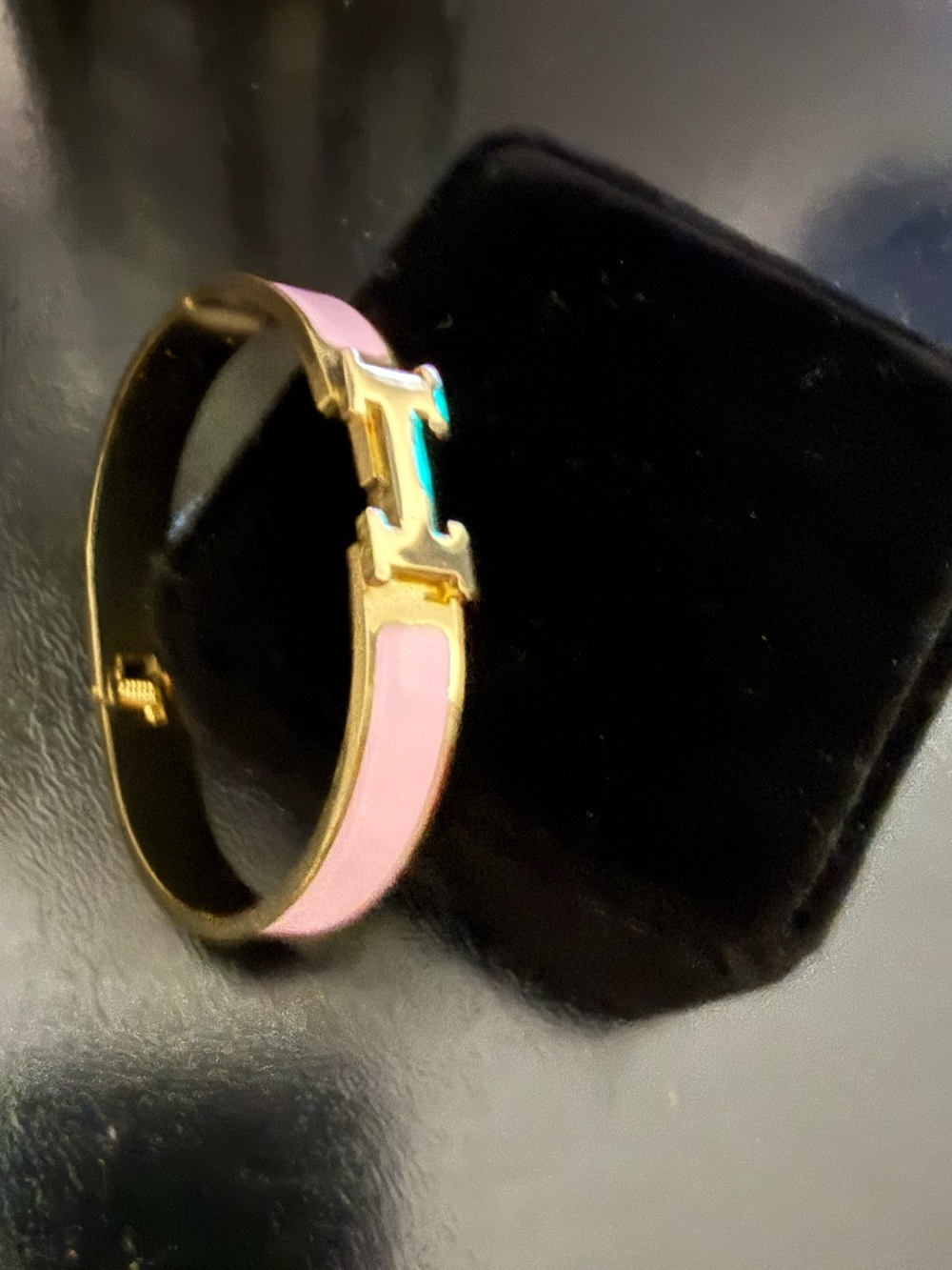 Gold-Tone Pink Enamel H Bracelet - Luxury Style Women's Bracelet - Picture 3 of 6